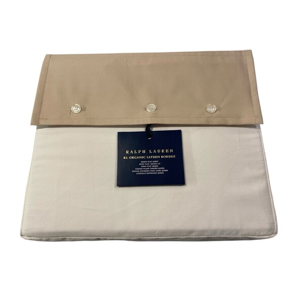 Ralph Lauren Organic Sateen Border QUEEN Flat Sheet Coastal Sand Tan - NWT $185